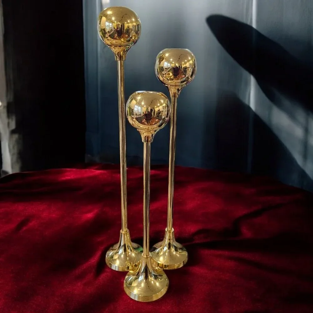 Vintage Gold Brass Tall Candle Sticks Set Of 3 Round Tulip Orb 22
